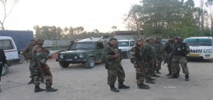 Troops during encounter with militants at Harriparigam, Tral on Sunday. — Excelsior/Younis Khaliq