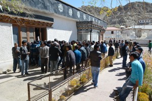 Polling staff queue up to cast their votes in Leh on Monday.  —Excelsior/Stenzin