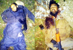Bodies of SPOs-turned-militants lying at the site of encounter in Doda on Thursday.  —Excelsior/Tilak Raj