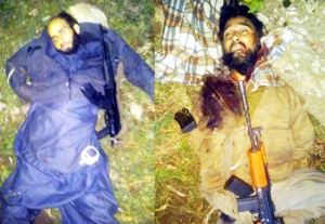 Bodies of SPOs-turned-militants lying at the site of encounter in Doda on Thursday. —Excelsior/Tilak Raj