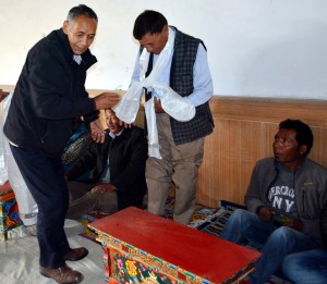 A candidate during door-to-door campaign in Leh on Monday. -Excelsior/Stenzin