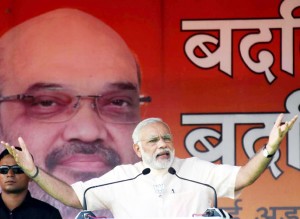 Prime Minister Narendra Modi addressing an election rally in Begusarai on Thursday. (UNI)