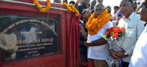 Minister for PHE, Ch Sukhnandan laying foundation stone of causeway at Chak Jaffar on Saturday.