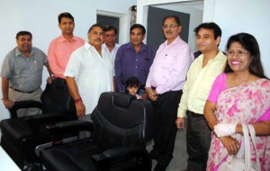 Speaker, Legislative Assembly, Kavinder Gupta and other guests during inauguration of a salon at Gandhi Nagar in Jammu.