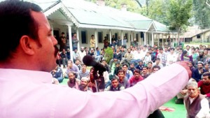 J&K National Panthers Party president, Balwant Singh Mankotia addressing a gathering at Ramban on Saturday.
