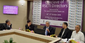 Chairman and CEO J&K Bank, Mushtaq Ahmed chairing the inaugural function of “Two-day Conclave of RSETI Directors” at Srinagar on Friday.