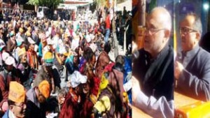Deputy CM Dr Nirmal Singh and BJP leader Avinash Rai Khanna addressing a rally at Khalsi, Leh on Tuesday. -Excelsior/Stenzin