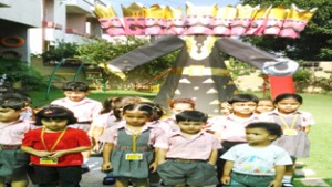 Children celebrating Dussehra at Wonder World School in Jammu on Monday.