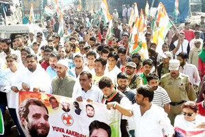 PYC activists taking out protest rally at Ramban on Saturday.