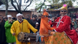 A scene from a play staged by Hayat Bhagat Theatre at Budgam.