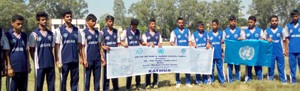Participating teams of Gandhi-Mandela match posing for a group photograph in Kathua on Monday.