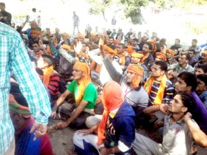 People protesting outside SDM’s office at Bani on Friday.