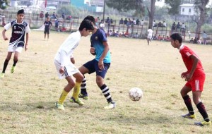 Young footballers in action during selection trials for Under-17 Boys World Cup Scouting Football Tournament in Jammu on Saturday.          -Excelsior/ Rakesh