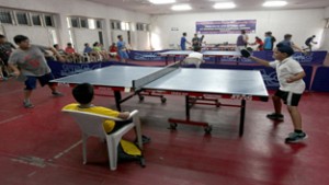 Young peddlers in action during Jammu District Table Tennis Championship at MA Stadium in Jammu on Saturday. -Excelsior/Rakesh