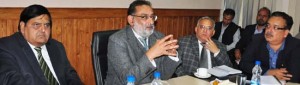 Finance Minister Haseeb Drabu addressing a budget prepartory meeting of the Administrative Secretaries at Srinagar on Thursday.