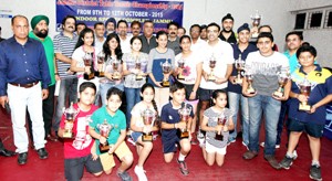 Winners of Jammu District Table Tennis Championship posing for group photograph at MA Stadium, Jammu on Monday.-Excelsior/Rakesh