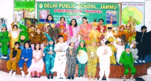 Winners of Fancy Dress Competition posing alongwith Principal and Headmistress at DPS in Jammu on Wednesday.  