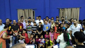 Winners of various events in 30th Jammu District Badminton Championship, posing for a group photograph alongwith Divisional Commissioner, Pawan Kotwal and IGP Jammu, Danesh Rana on Thursday.