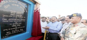 Union Minister of State Dr Jitendra Singh inaugurating Jodh bridge on Friday. — Excelsior/Rakesh