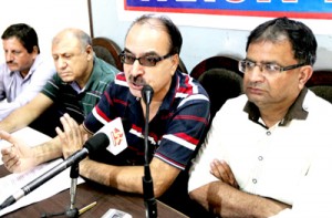 PK leaders at a press conference at Jammu on Monday.-Excelsior/ Rakesh