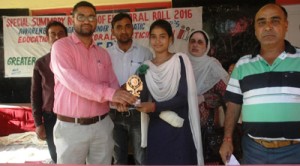 Winner of declamation contest being felicitated in Doda on Thursday. 
