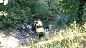 The ill-fated vehicle after accident at Mush-Dev Nallah Bhaderwah. -Excelsior/ Tilak Raj