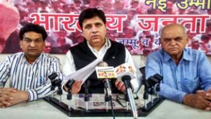BJP leaders at a press conference at Jammu on Wednesday.  —Excelsior/Rakesh