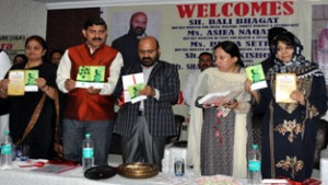 Member Parliament Mehbooba Mufti, Minister for Forests, Bali Bhagat, MoS for Health, Asiea Naqash, MoS for Education, Priya Sethi and MP Jugal Kishore during launch of Ladli Beti and Aasra Schemes at Jammu.
