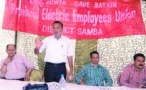 President, PEEU, PC Sharma addressing a meeting of the union at its headquarters in Samba.
