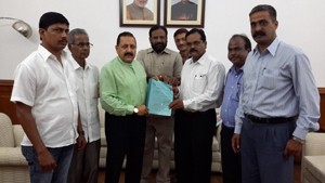 Union Minister Dr Jitendra Singh receiving a memorandum from a deputation of Hindustan Antibiotics Limited (HAL) at New Delhi on Thursday.