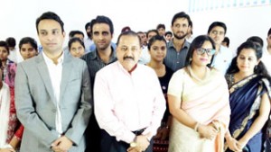 Union Minister Dr Jitendra Singh posing for photograph with trainees after inaugurating IMS Health Skill Development Center under the aegis of "UDAAN" programme for J&K youth at New Delhi on Tuesday.