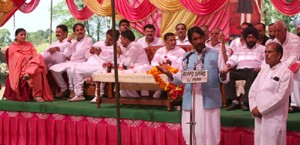 PCC chief G A Mir addressing party function at Samba on Thursday.