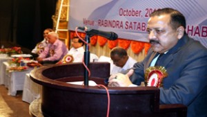 Union Minister Dr Jitendra Singh delivering the inaugural address at the 3 - day Diabetes Conference at Agartala. Seen on the dais are Tripura Health Minister Badal Choudhury and Bangladesh Diabetes Association President Dr A K Azad Khan.