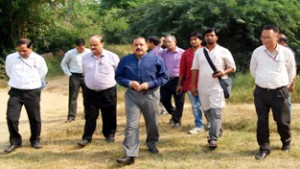 Union Minister Dr Jitendra Singh, accompanied by Vice Chancellor Jawaharlal Nehru University (JNU) Prof S K Sopory, Union Secretary DoNER Ameising Luikham and other senior officials, going around the proposed site of Northeast students’ hostel in JNU campus, New Delhi on Monday.