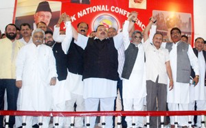 Provincial President NC, Devender Singh Rana along with party leaders and workers during a day-long convention at Sher-e-Kashmir Bhawan.  	—Excelsior/Rakesh