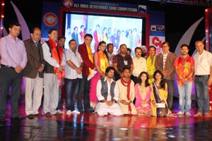 Winners of All India Devotional Song Competition and guests posing for a group photograph at Katra on Sunday.