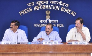 Union Minister Dr Jitendra Singh, flanked by Union Secretary DoPT Sanjay Kothari, speaking at an official briefing at New Delhi.