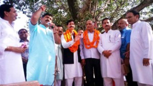 MP Jugal Kishore Sharma addressing public meeting at Village Daghore in Samba. —Excelsior/Gautam