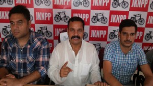 State president, JKNPP, Balwant Singh Mankotia addressing a press conference at Jammu on Tuesday.