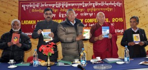 Minister for Cooperative Chhering Dorjey and others releasing books during inaugural function of Ladakh Multilingual Literary Conference at Leh.
