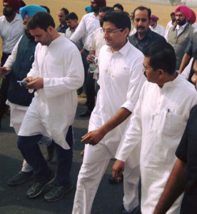 Congress Vice President Rahul Gandhi with party MP Deepender Singh Hooda (2nd l) and others participating in a Padyatra in Faridkot on Thursday. (UNI)