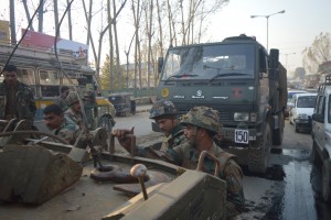 An Army vehicle attacked by the militants at Ganjiwara in Anantnag on Saturday.          —Excelsior/Younis Khaliq