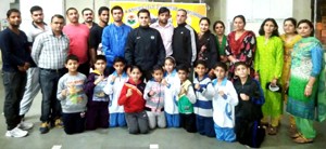 J&K State Taekwondo Sub Junior team posing for a group photograph before leaving for Bilaspur in Chhattisgarh. 