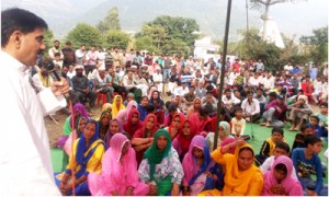 NPP leader, Harshdev Singh addressing public meeting at Manwal in district Udhampur on Saturday.