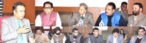 Minister for CAPD, Choudhary Zulfkar Ali chairing a meeting at Jammu on Monday.