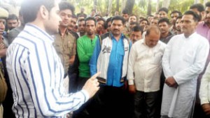 People protesting at Mansar on Monday.  -Excelsior/Gautam