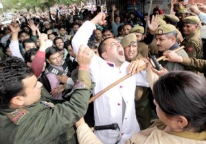 ReT teachers during a protest in Jammu on Monday. -Excelsior/Rakesh