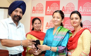 Winners of seminar organized by Aryan Institute of Nursing being felicitated in Jammu on Saturday. 