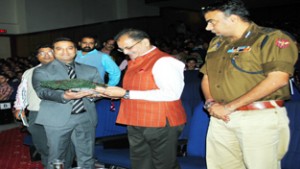 Speaker Legislative Assembly, Kavinder Gupta, IGP Jammu, Danesh Rana and other dignitaries during  celebration of annual function at KC International School in Jammu on Wednesday.