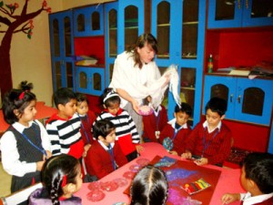 Goenkans with facilitator Elisabeth during Exchange Programme at GD Goenka Public School in Jammu on Thursday. 